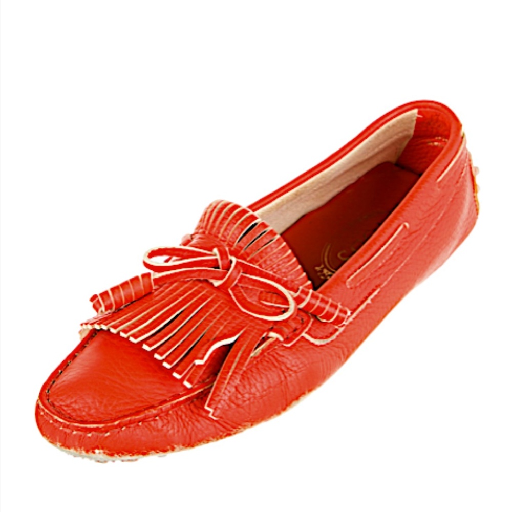 Tod's orange Leather Tassel Bow And Fringe Slip On Loafers